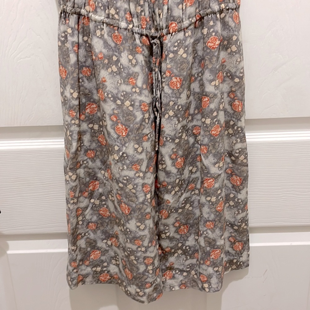 Hinge Gray Floral with Orange Flowers Spaghetti Strap Gathered Waist Silk Dress - Picture 4 of 9